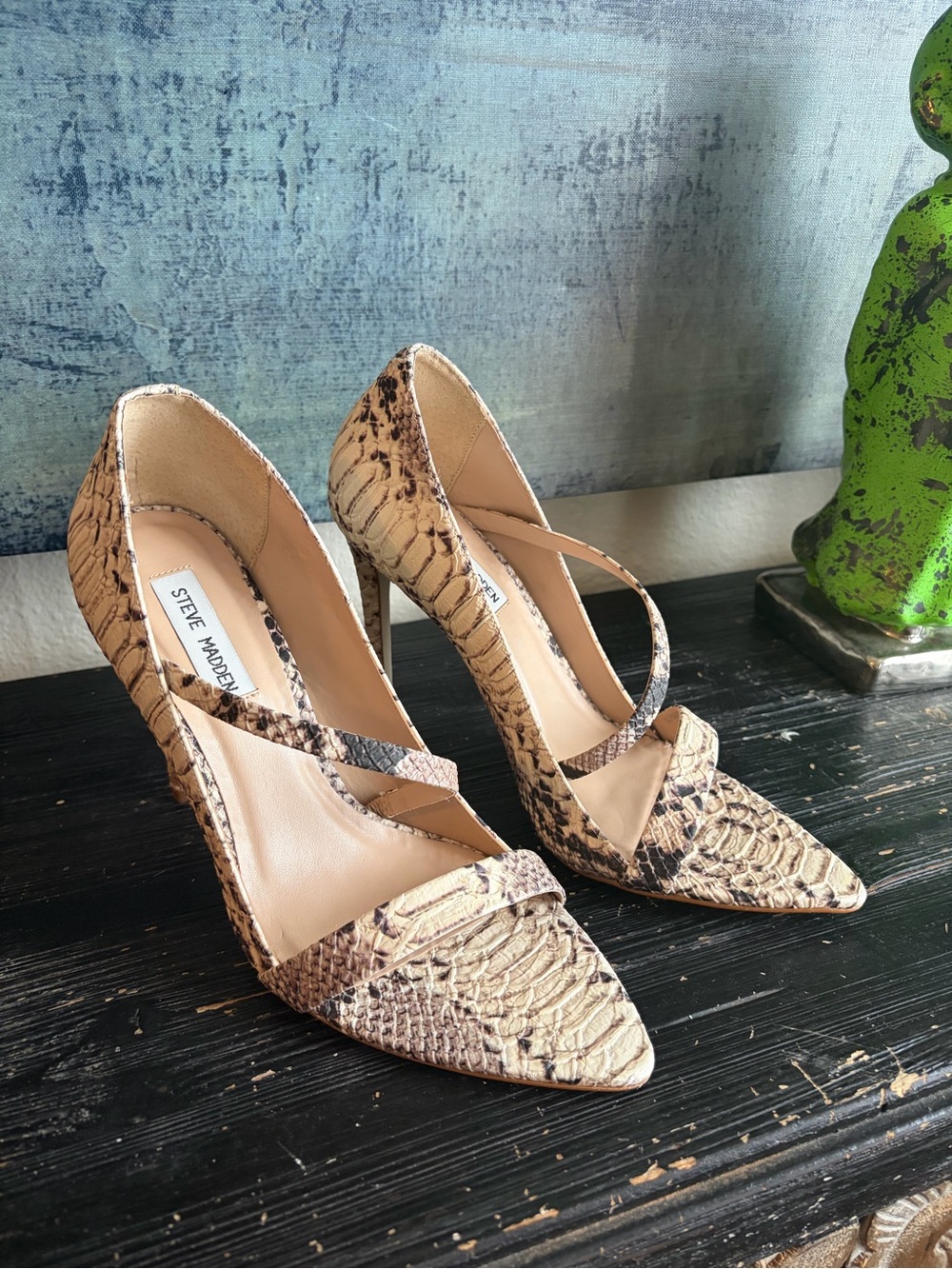 Steve Madden Tan Snake-Print Pointed Open Toe Pumps